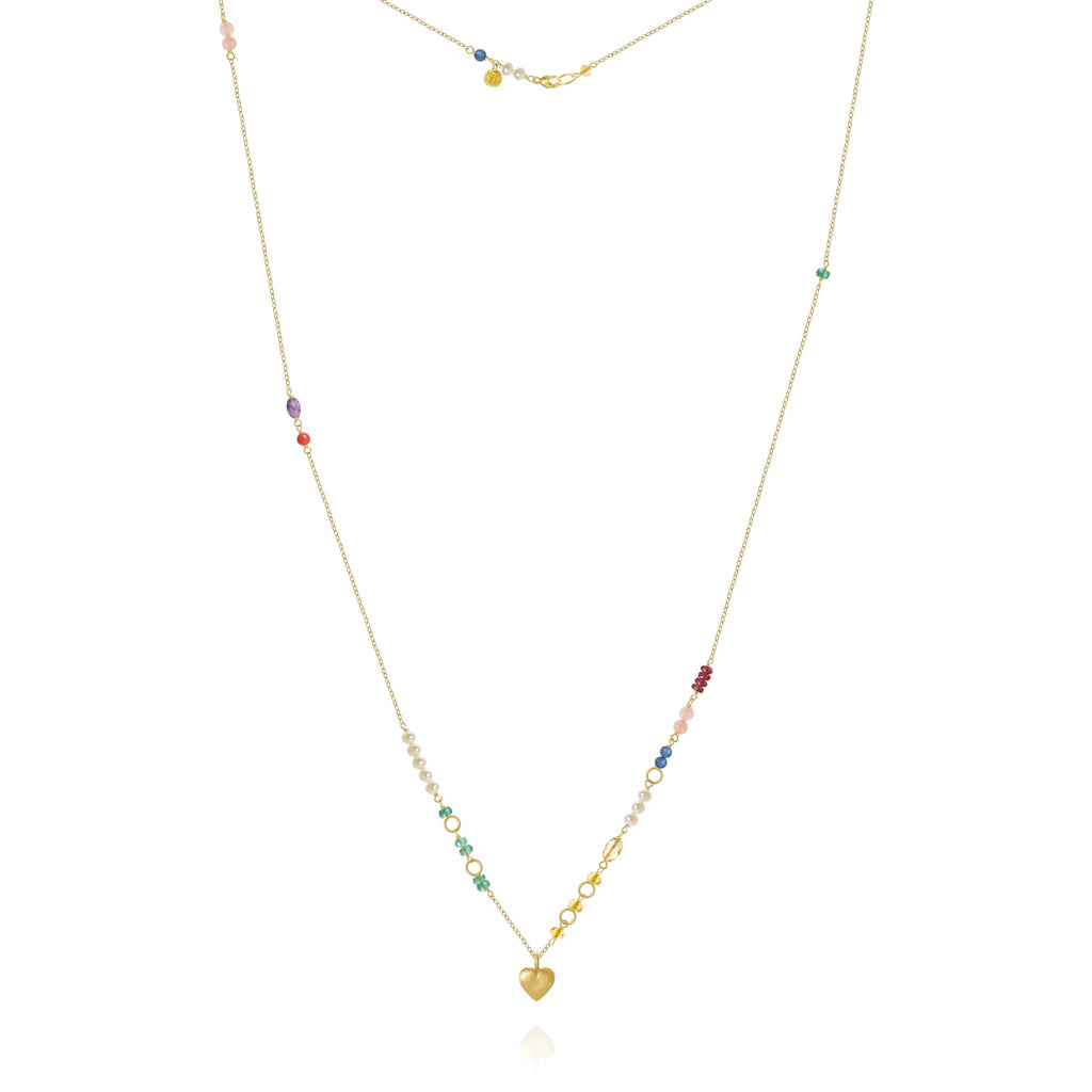 Piccolo Bloom halskæde. Guld 18 K med et hjerte, smaragd, rubin, guavakvarts, kyanit, ferskvandsperler, citrin, koral og ametyst, 62 cm. Dulong Fine Jewelry