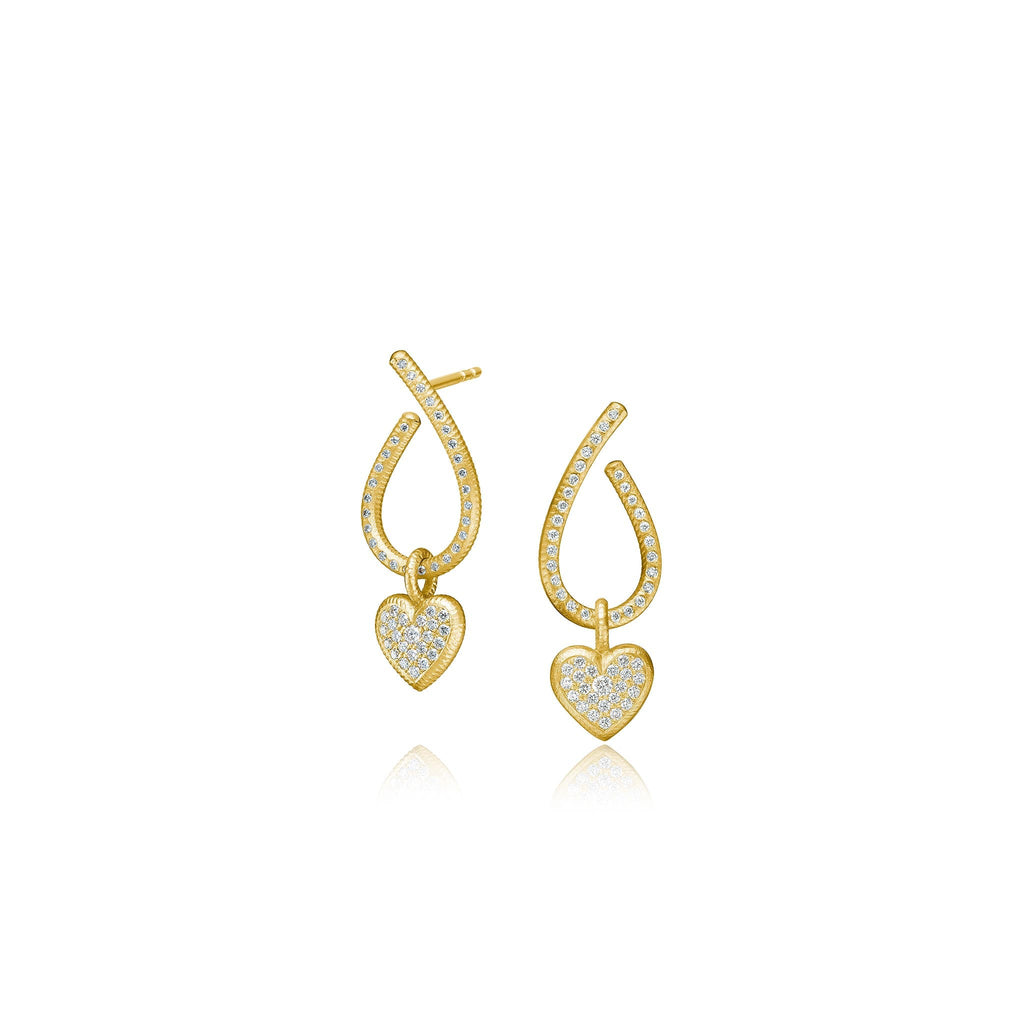 Kharisma Galaxy øreringe, lille. Guld 18 K med brillantslebne diamanter. Vist med Heart Diamond vedhæng. Dulong Fine Jewelry