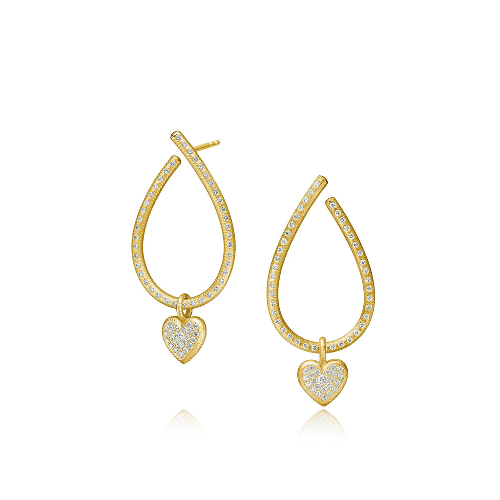 Kharisma Galaxy øreringe, mellem. Guld 18 K med brillantslebne diamanter. Vist med Heart Diamond vedhæng. Dulong Fine Jewelry