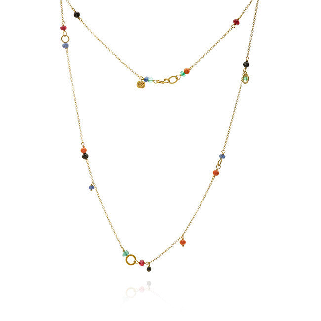 Piccolo Sunset halskæde. Guld 18 K med 1 sort diamant, koral, spinel, safir, rubin og smaragd. Dulong Fine Jewelry
